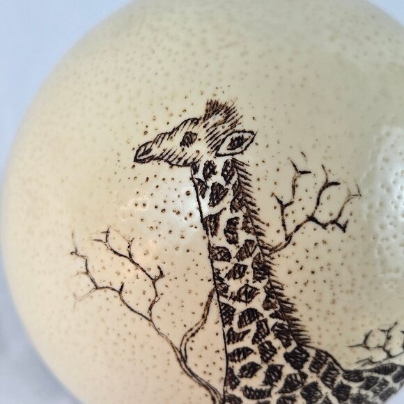 Hand Etched Giraffe on Ostrich Egg with Wooden Stand Home Office Collectible - Picture 4 of 13
